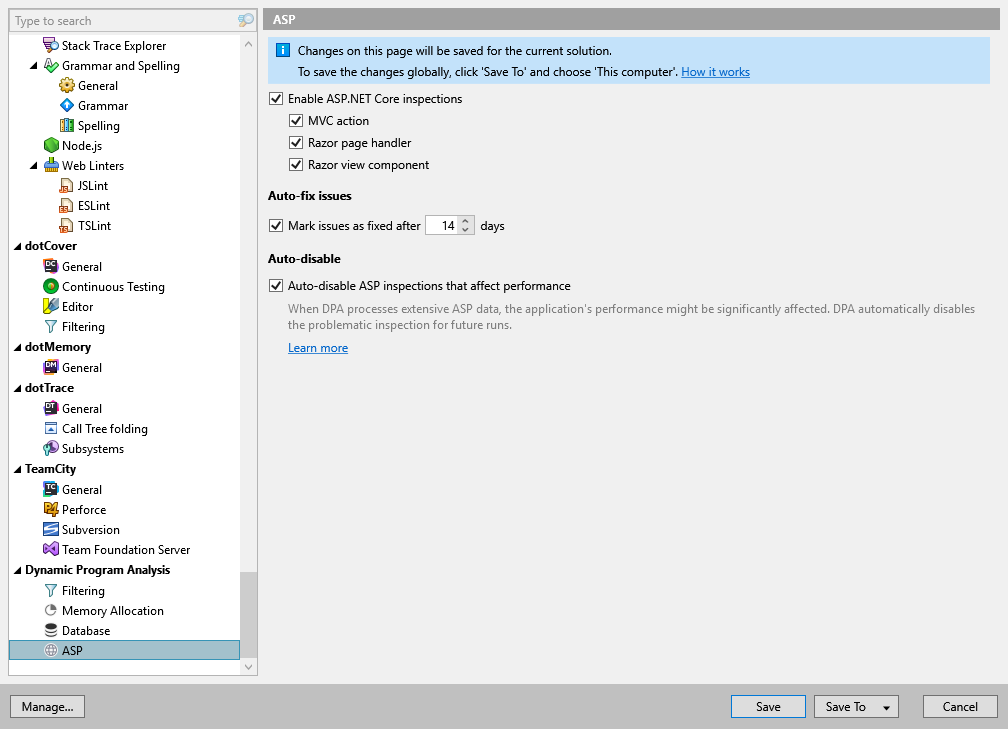 ReSharper options: Dynamic Program Analysis | ASP