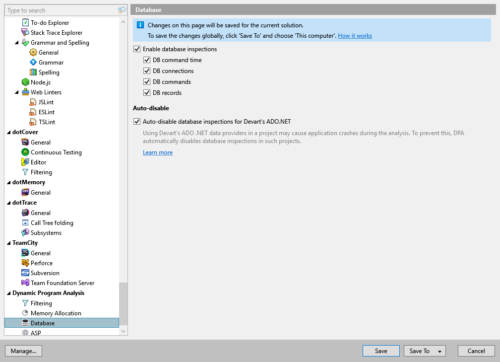 ReSharper options: Dynamic Program Analysis | Database