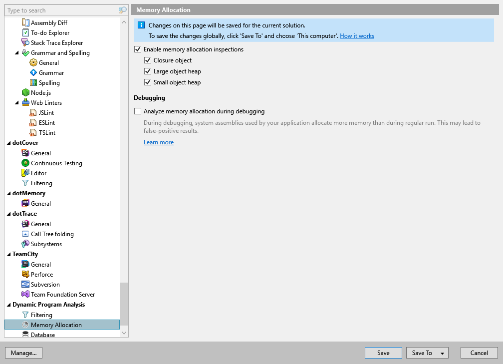 ReSharper options: Dynamic Program Analysis | Memory Allocation