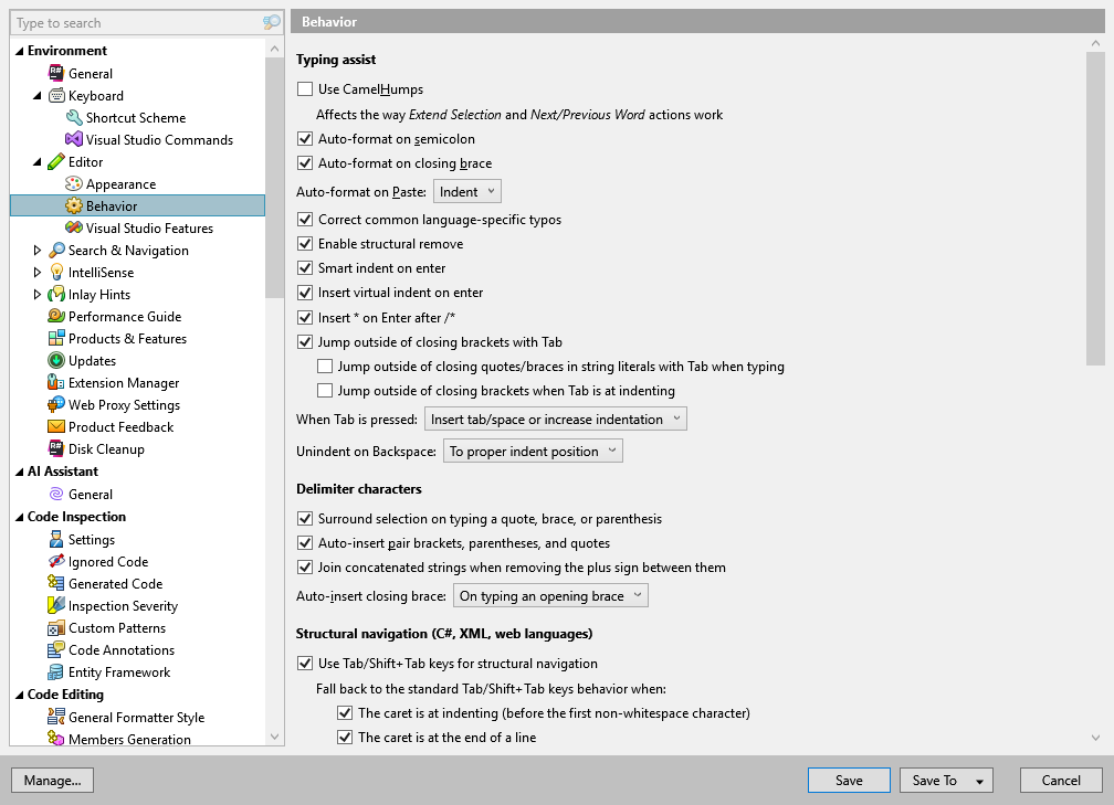 ReSharper options: Environment | Editor | Behavior