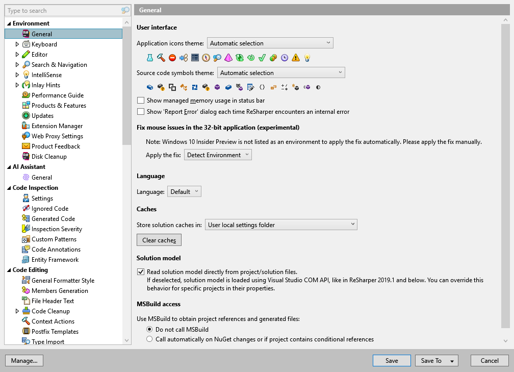 ReSharper options: Environment | General