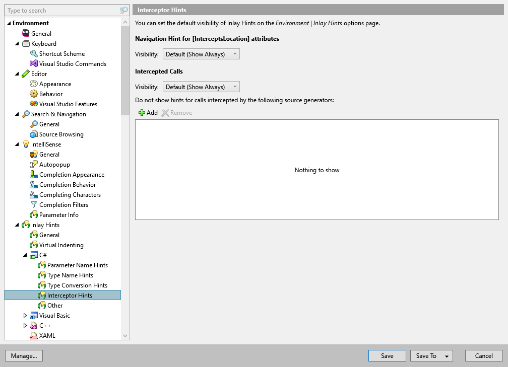 ReSharper options: Environment | Inlay Hints | C# | Interceptor Hints