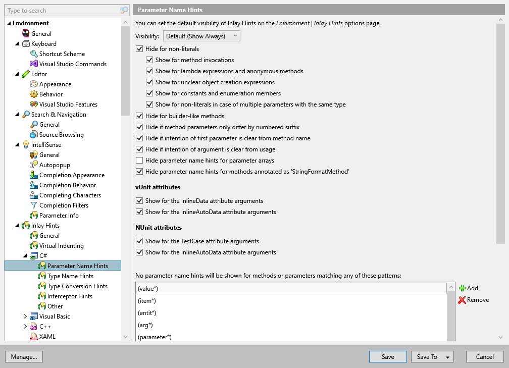 ReSharper options: Environment | Inlay Hints | C# | Parameter Name Hints