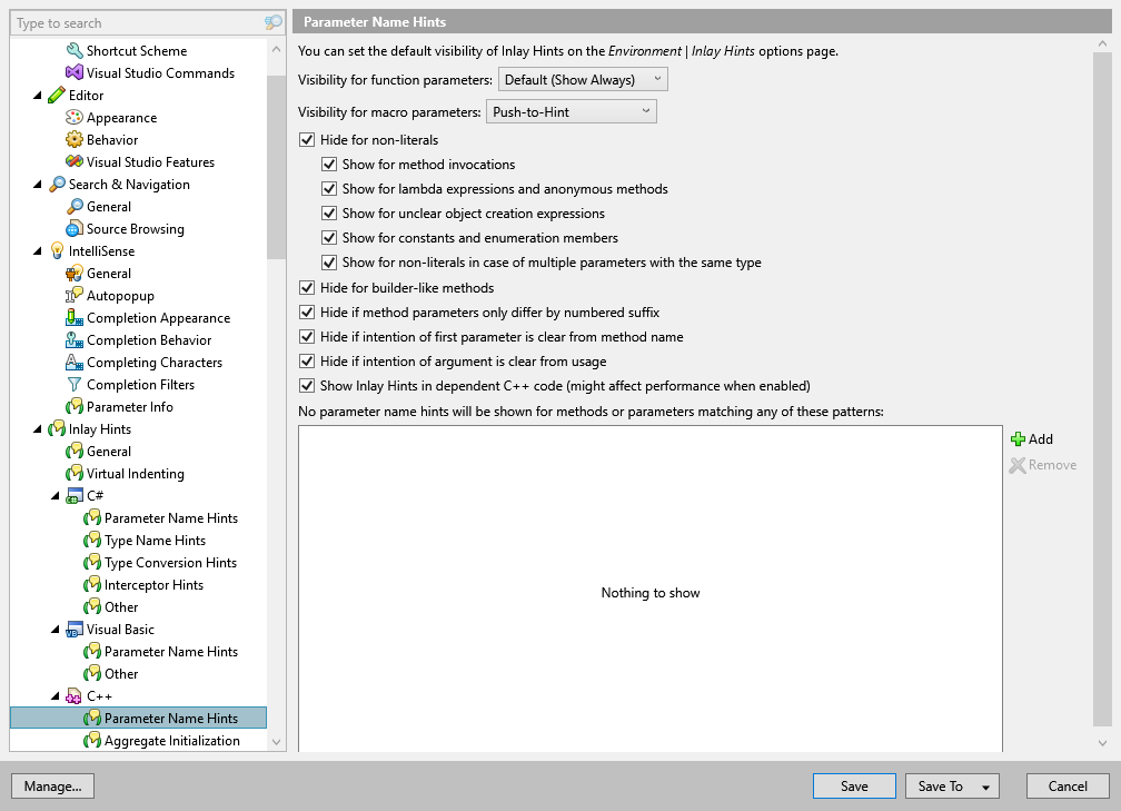 ReSharper options: Environment | Inlay Hints | C++ | Parameter Name Hints