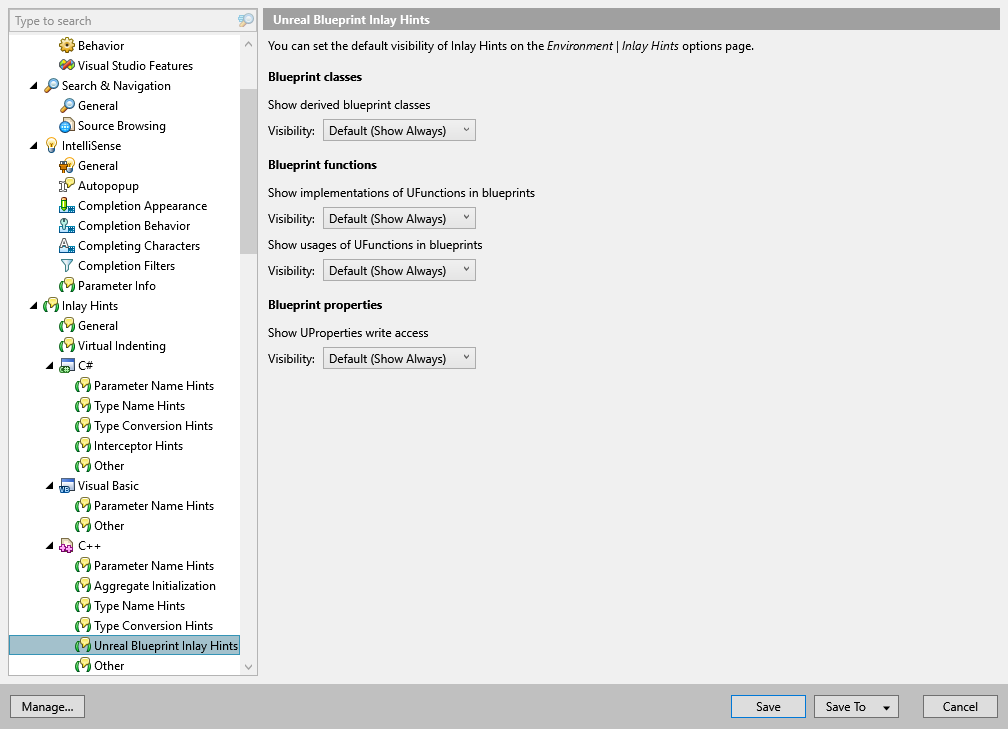ReSharper options: Environment | Inlay Hints | C++ | Unreal Blueprint Hints
