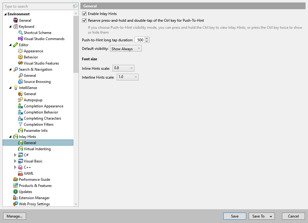 ReSharper options: Environment | Inlay Hints | General