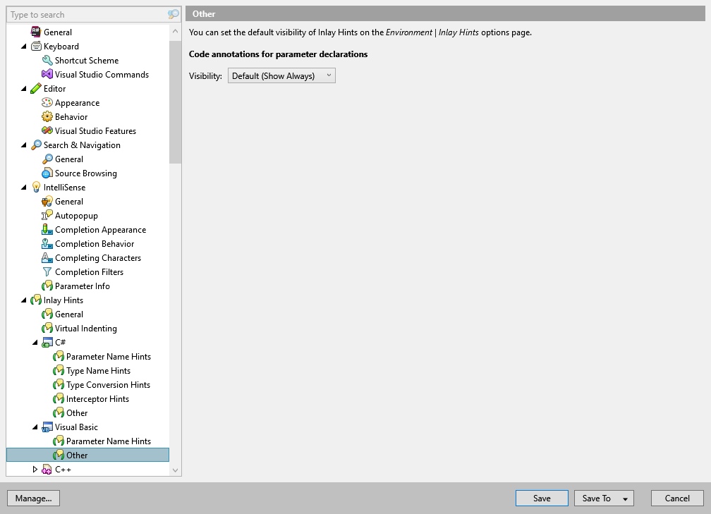 ReSharper options: Environment | Inlay Hints | Visual Basic | Other