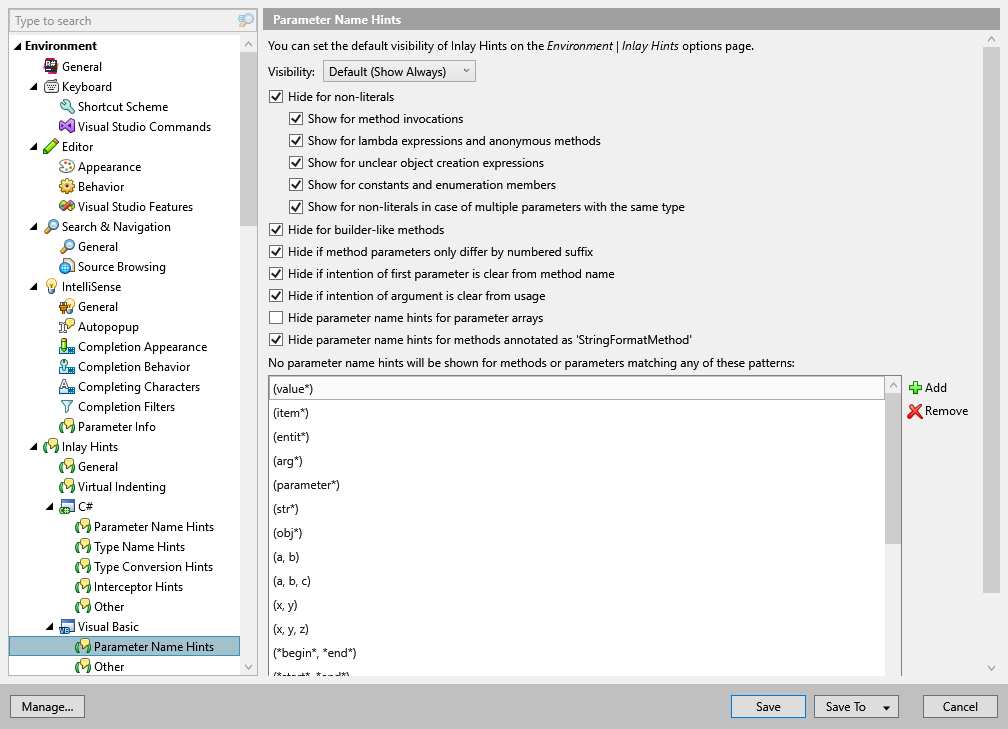 ReSharper options: Environment | Inlay Hints | Visual Basic | Parameter Name Hints