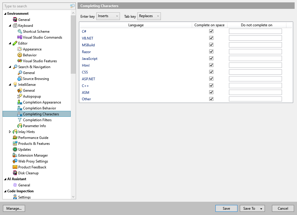 ReSharper options: Environment | IntelliSense | Completing Characters