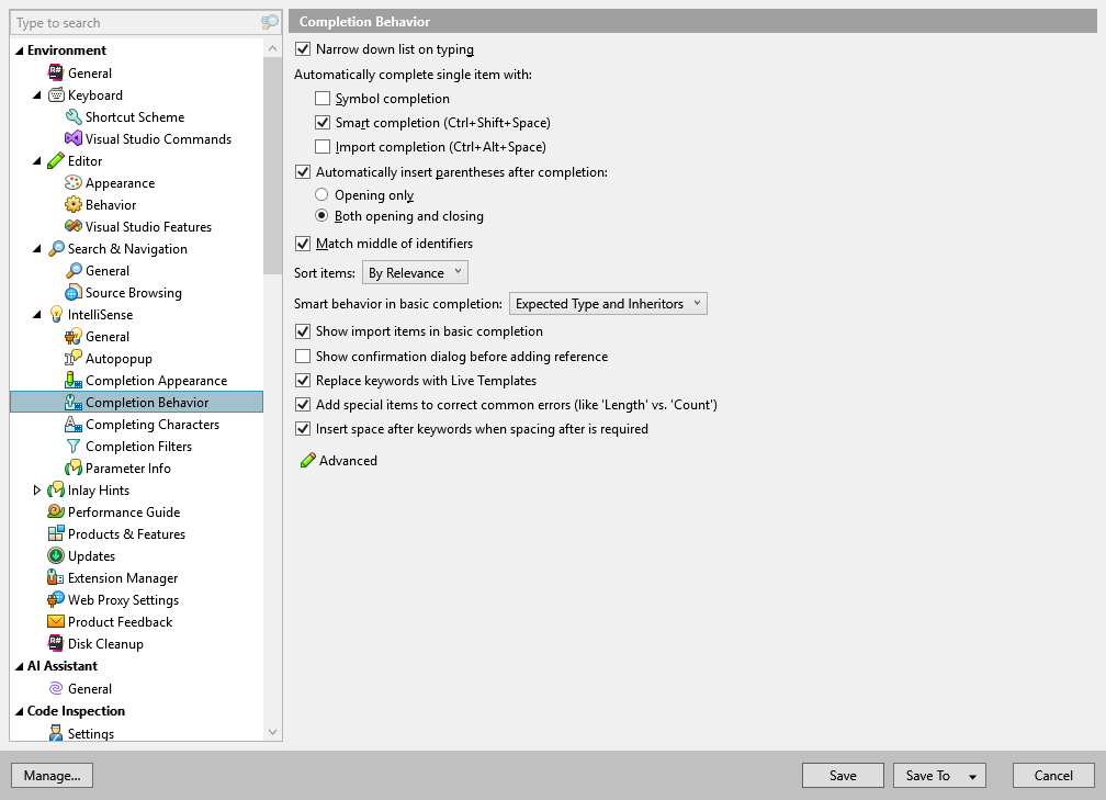 ReSharper options: Environment | IntelliSense | Completion Behavior