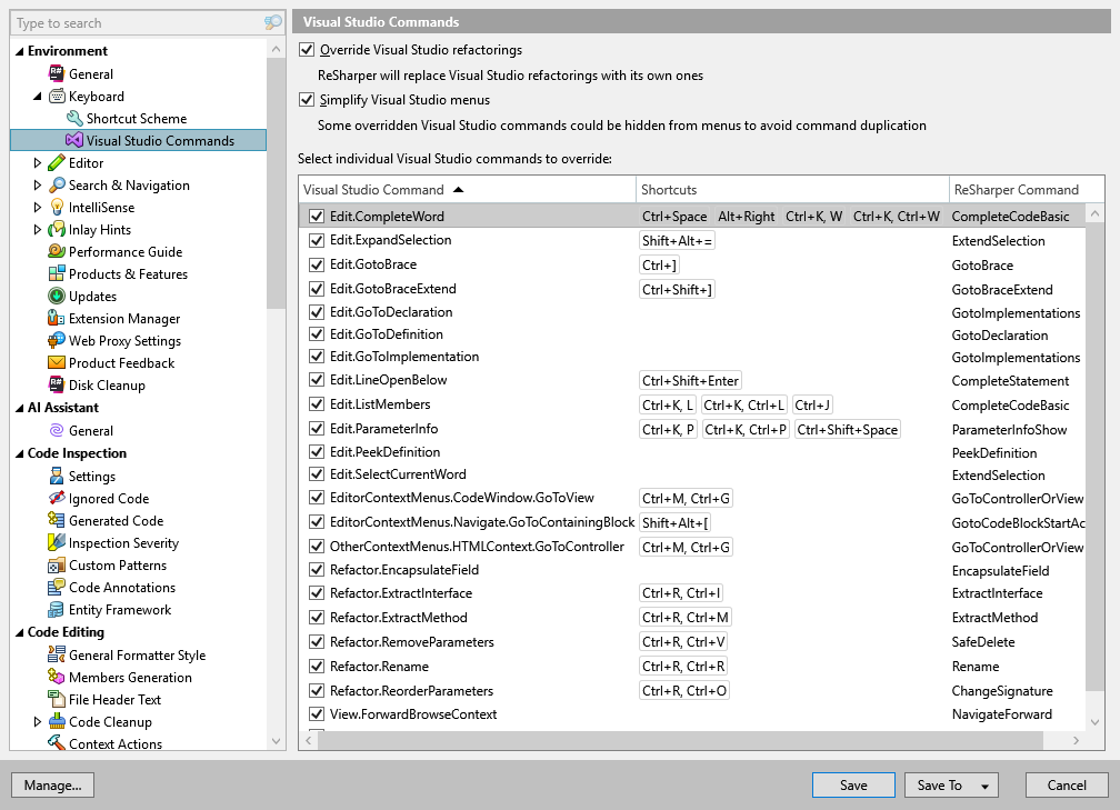 ReSharper options: Environment | Keyboard | Visual Studio Commands