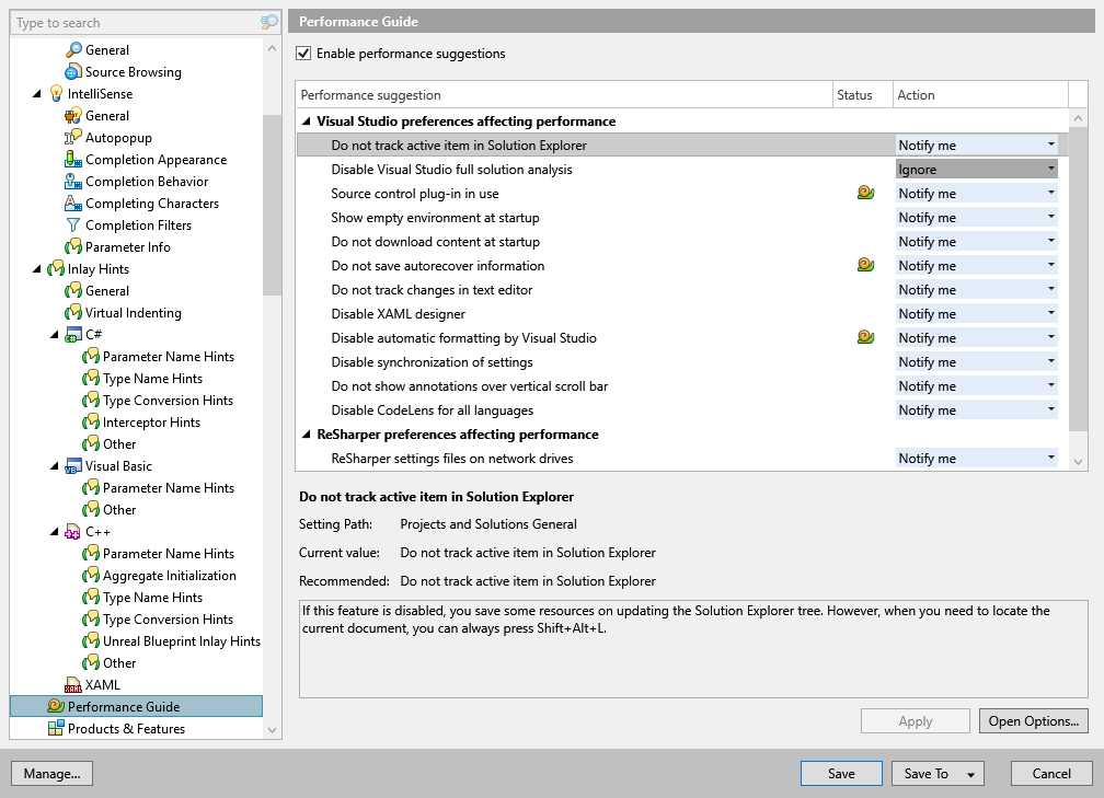 ReSharper options: Environment | Performance Guide