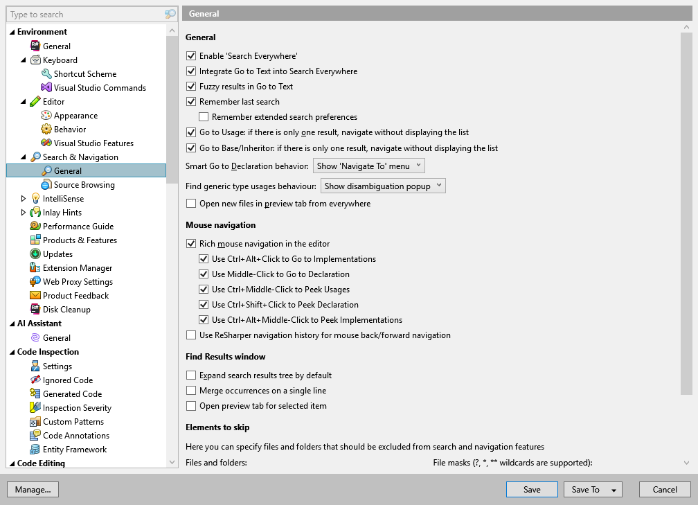 ReSharper options: Environment | Search & Navigation | General