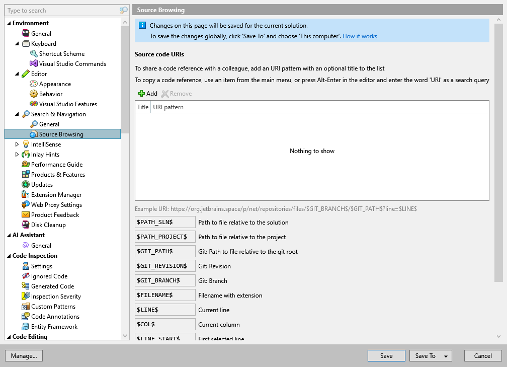 ReSharper options: Environment | Search & Navigation | Source Browsing