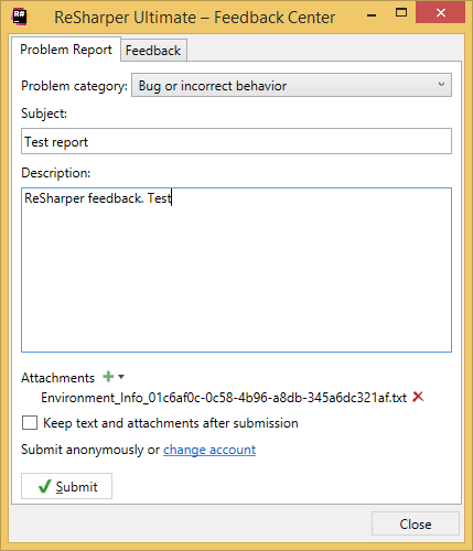 ReSharper: feedback Center dialog