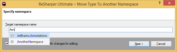 ReSharper. 'Move to another namespace' refactoring