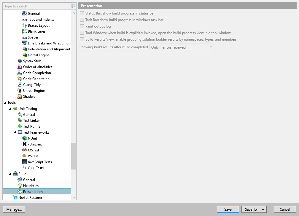 ReSharper options: Tools | Build | Presentation