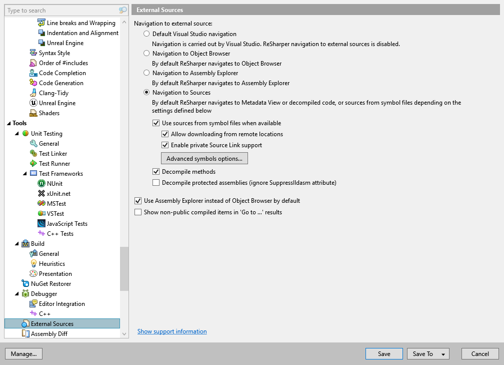 ReSharper options: Tools | External Sources