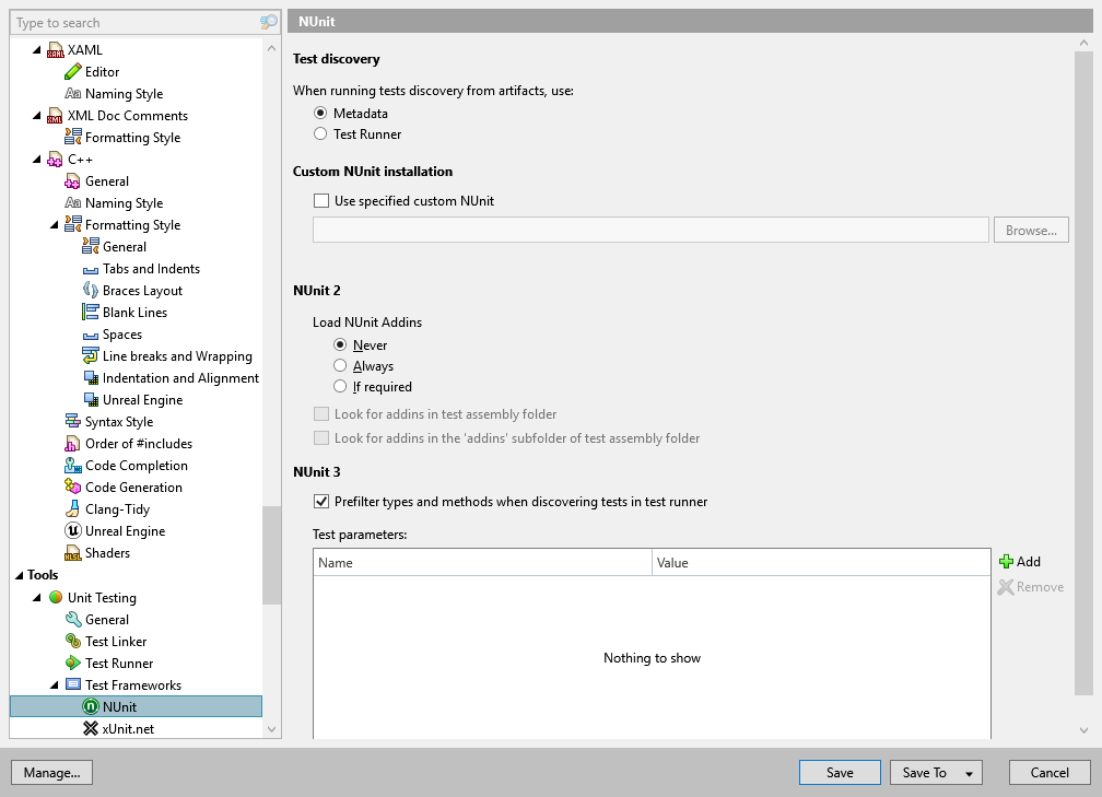 ReSharper options: Tools | Unit Testing | Test Frameworks | NUnit