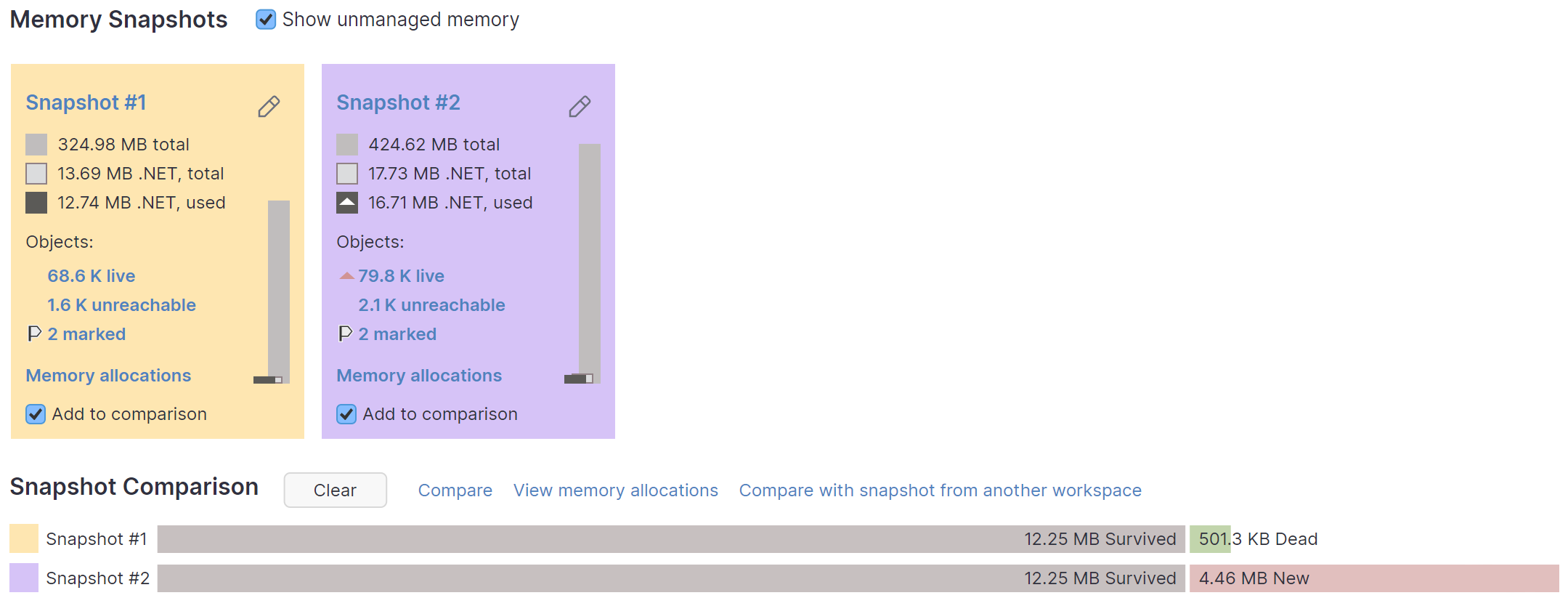 dotMemory: Comparing memory snapshots