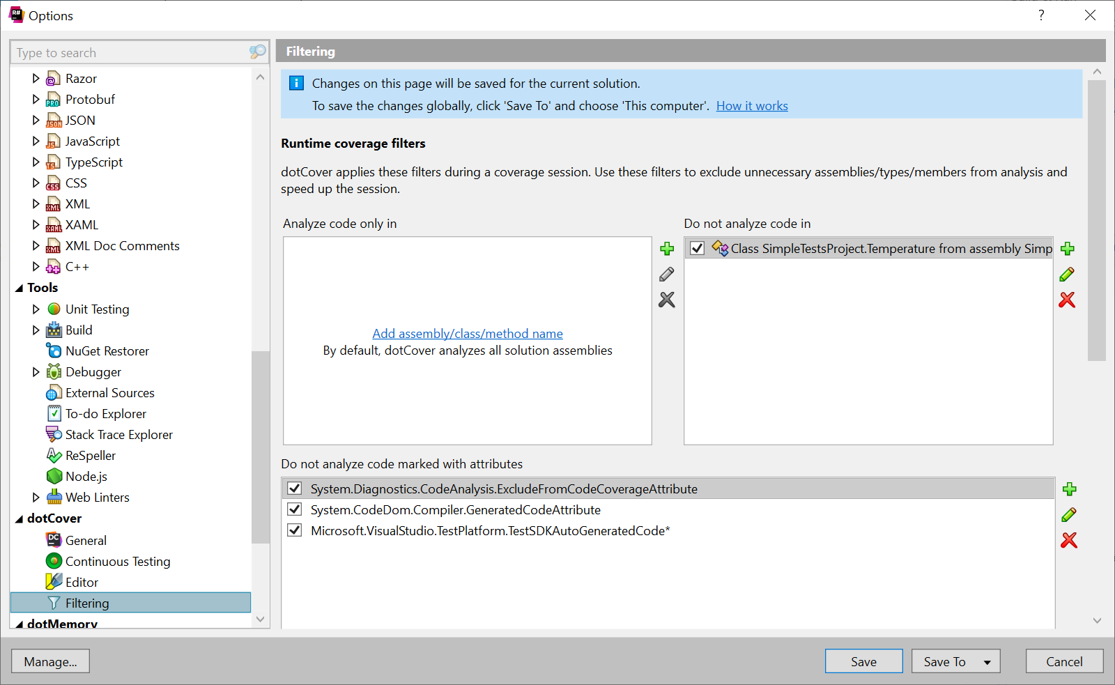 dotCover helps filtering coverage results