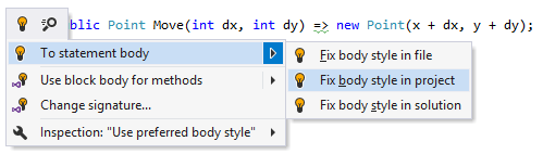 ReSharper. 'To statement body' quick-fix