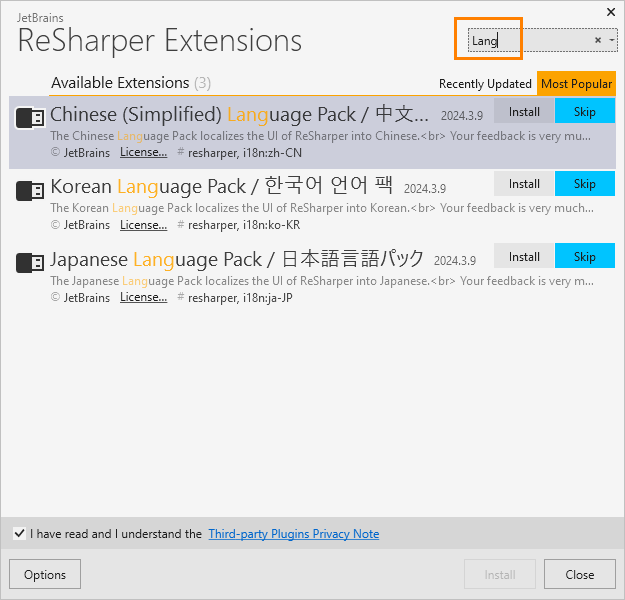 ReSharper: Installing language packs