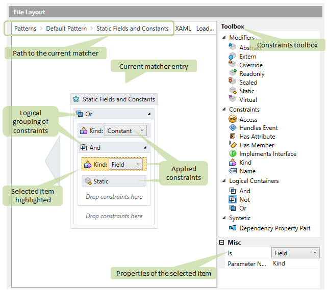 Constraints view of a matcher entry