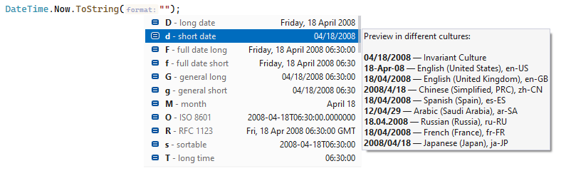 ReSharper. Culture previews for format specifiers