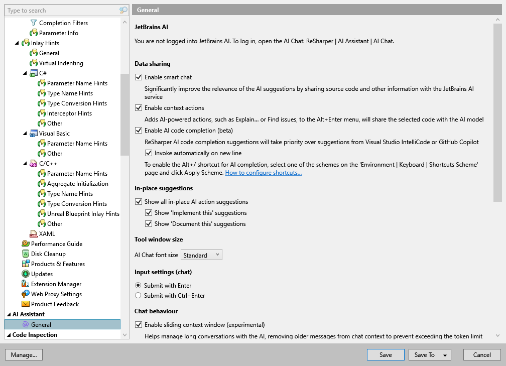 ReSharper options: AI Assistant | General