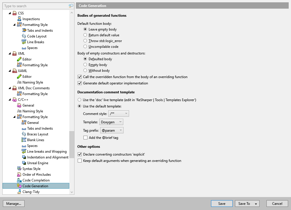 ReSharper options: Code Editing | C/C++ | Code Generation