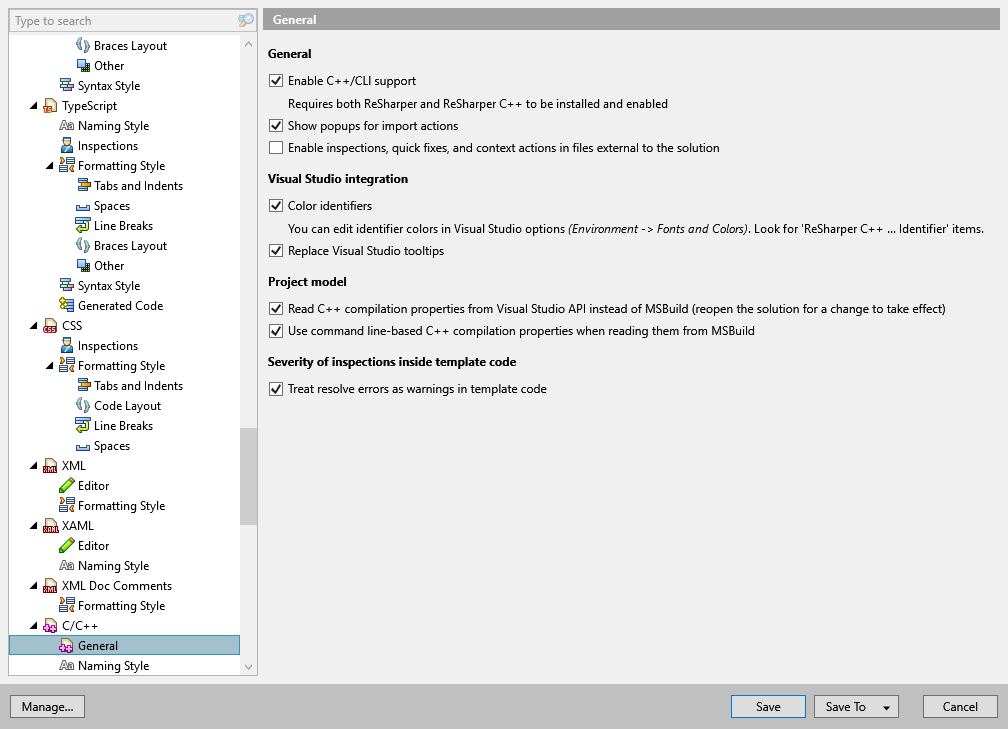 ReSharper options: Code Editing | C/C++ | General