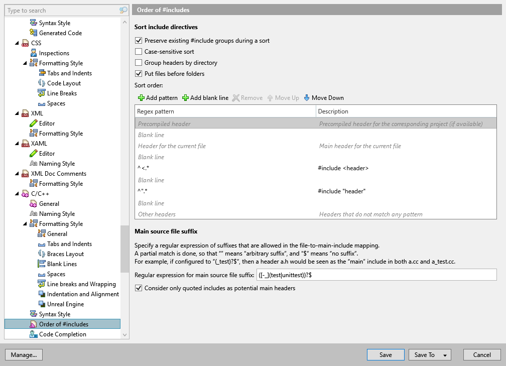 ReSharper options: Code Editing | C/C++ | Order of #includes