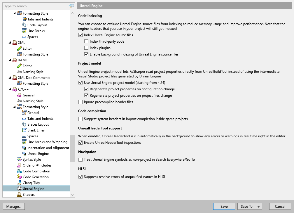 ReSharper options: Code Editing | C/C++ | Unreal Engine