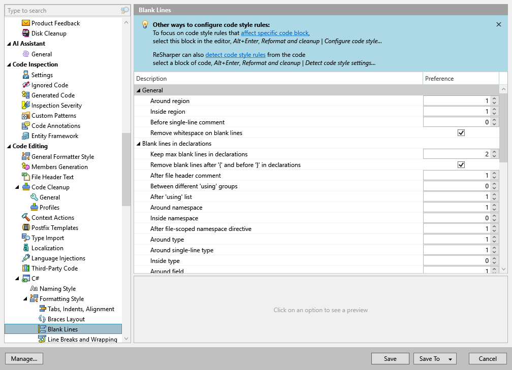 ReSharper options: Code Editing | C# | Formatting Style | Blank Lines