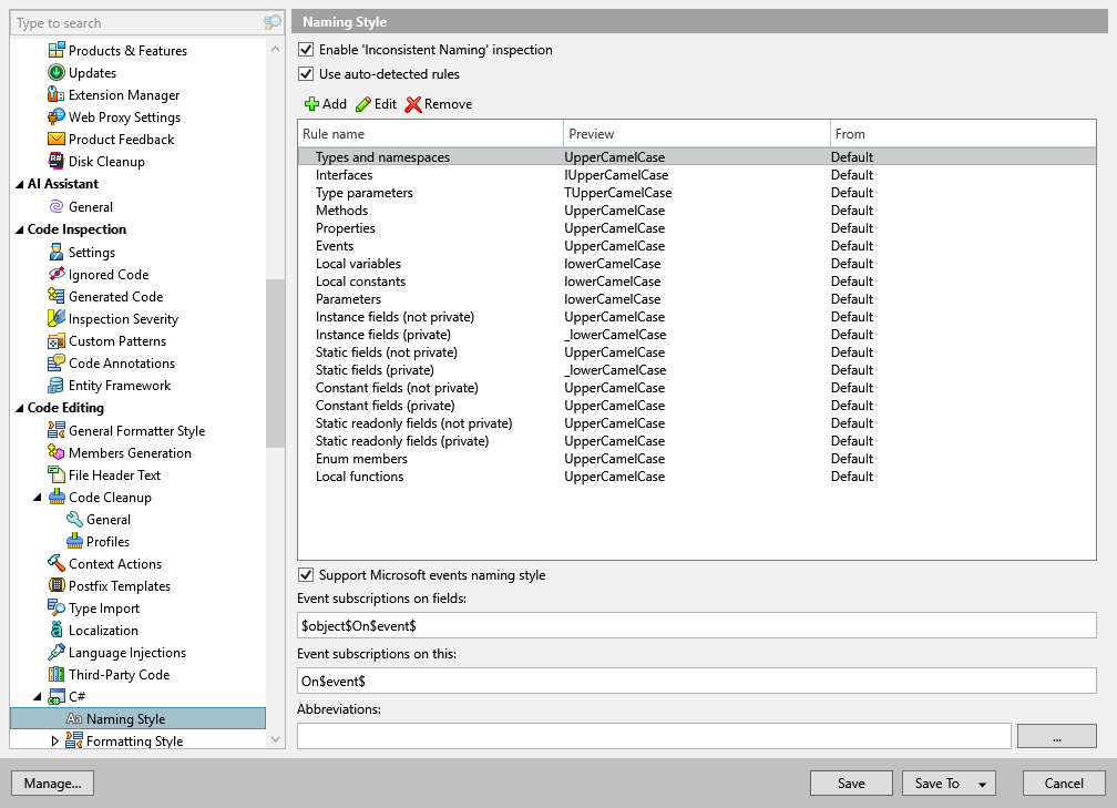 ReSharper options: Code Editing | C# | Naming Style