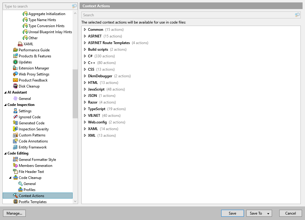 ReSharper options: Code Editing | Context Actions