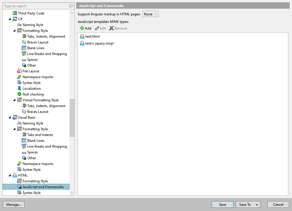 ReSharper options: Code Editing | HTML | JavaScript and Frameworks
