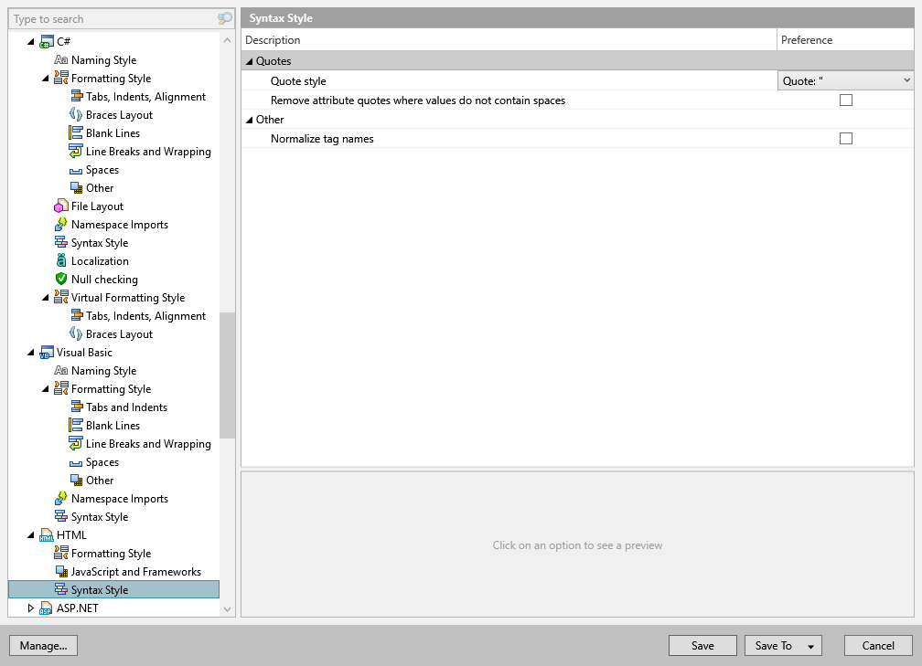 ReSharper options: Code Editing | HTML | Syntax Style