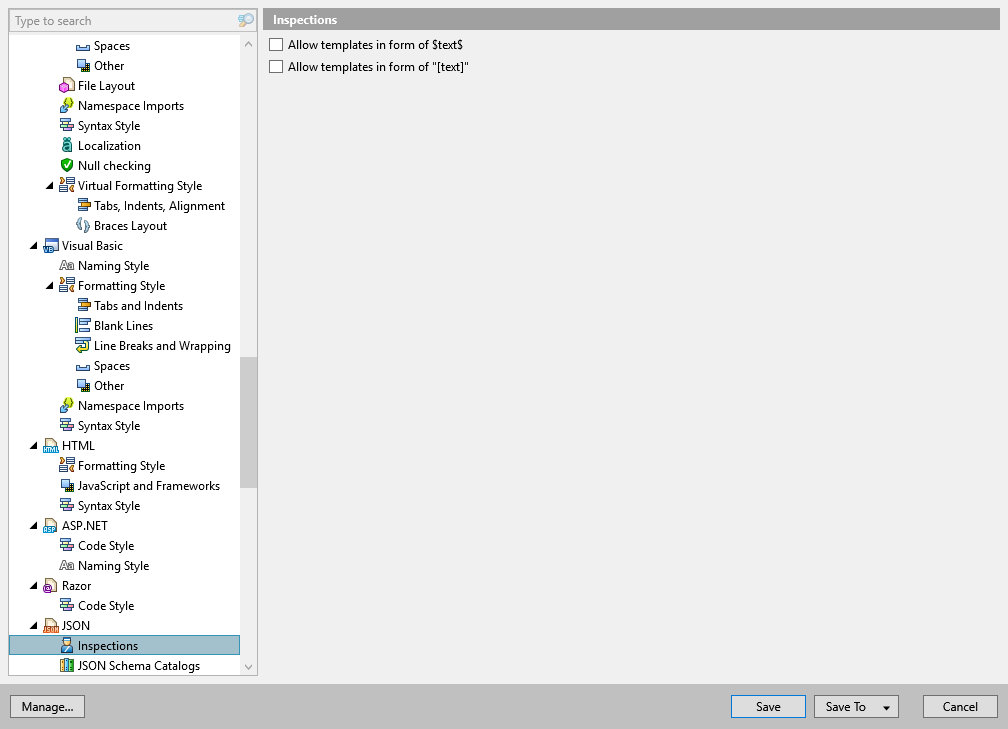 ReSharper options: Code Editing | JSON | Inspections