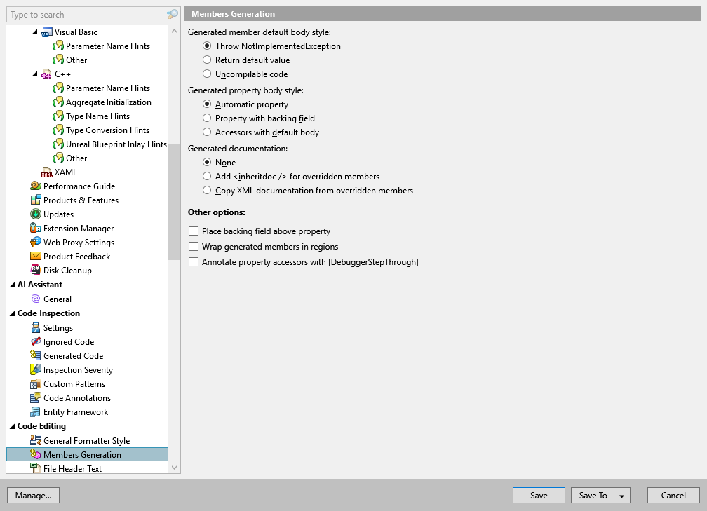 ReSharper options: Code Editing | Members Generation