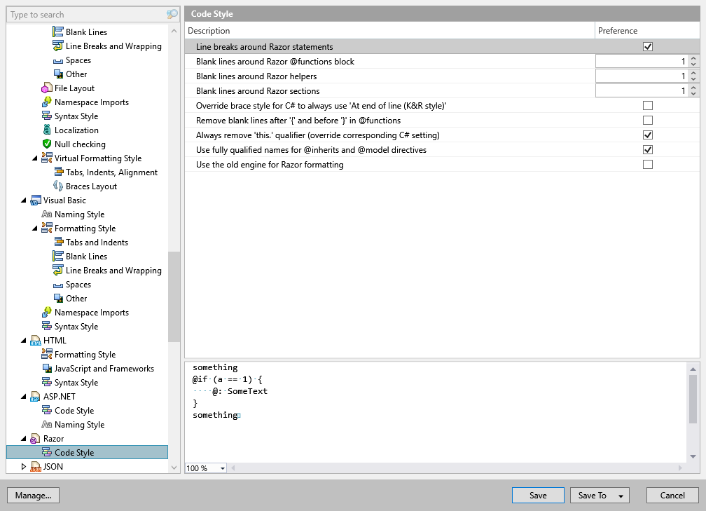 ReSharper options: Code Editing | Razor | Code Style