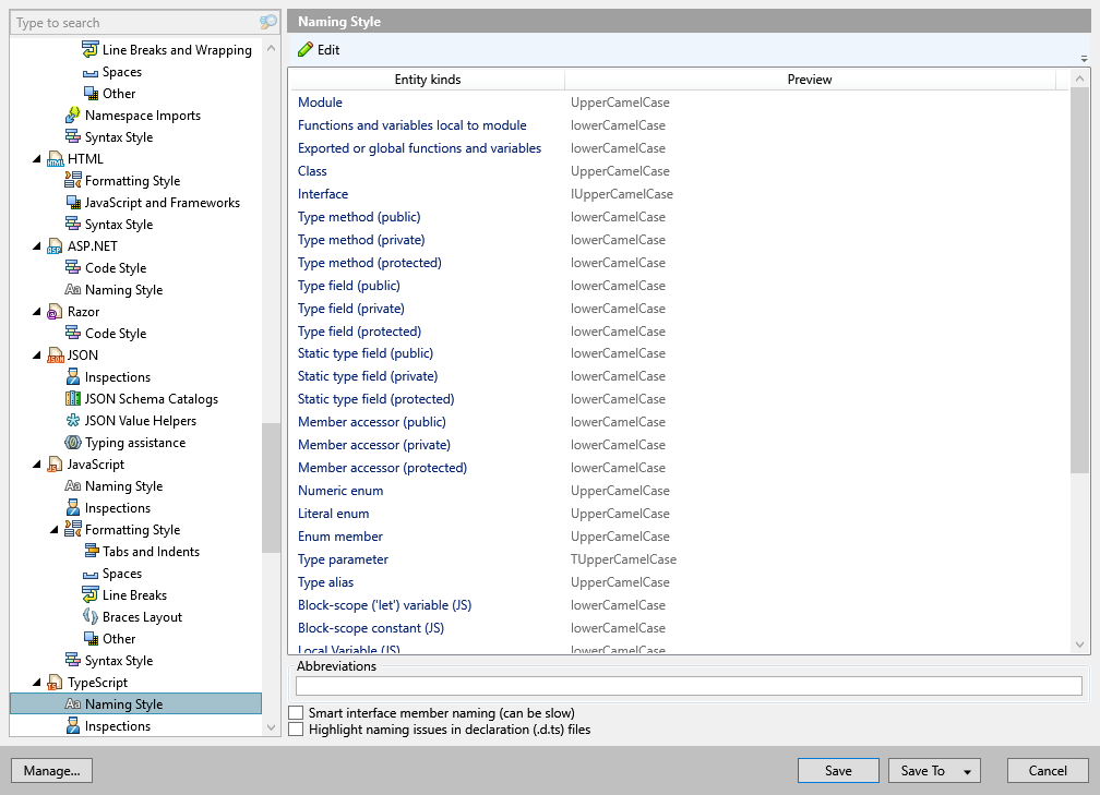 ReSharper options: Code Editing | TypeScript | Naming Style