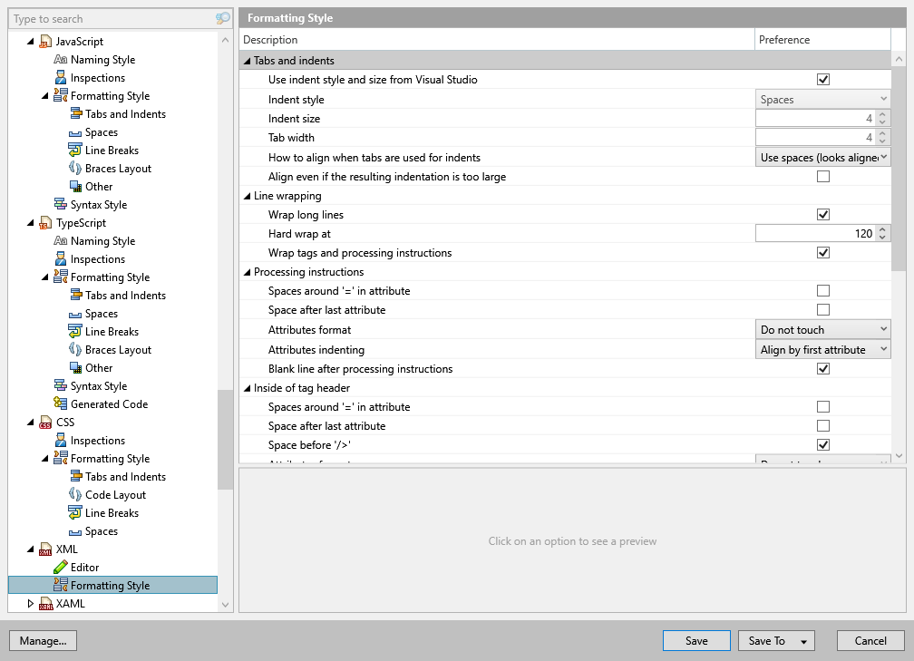 ReSharper options: Code Editing | XML | Formatting Style