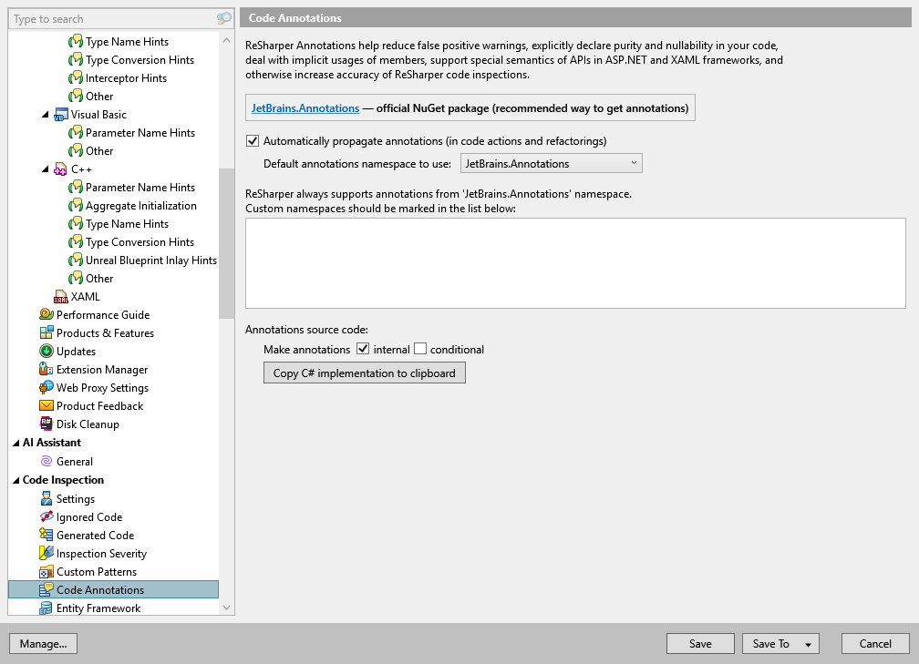 ReSharper options: Code Inspection | Code Annotations