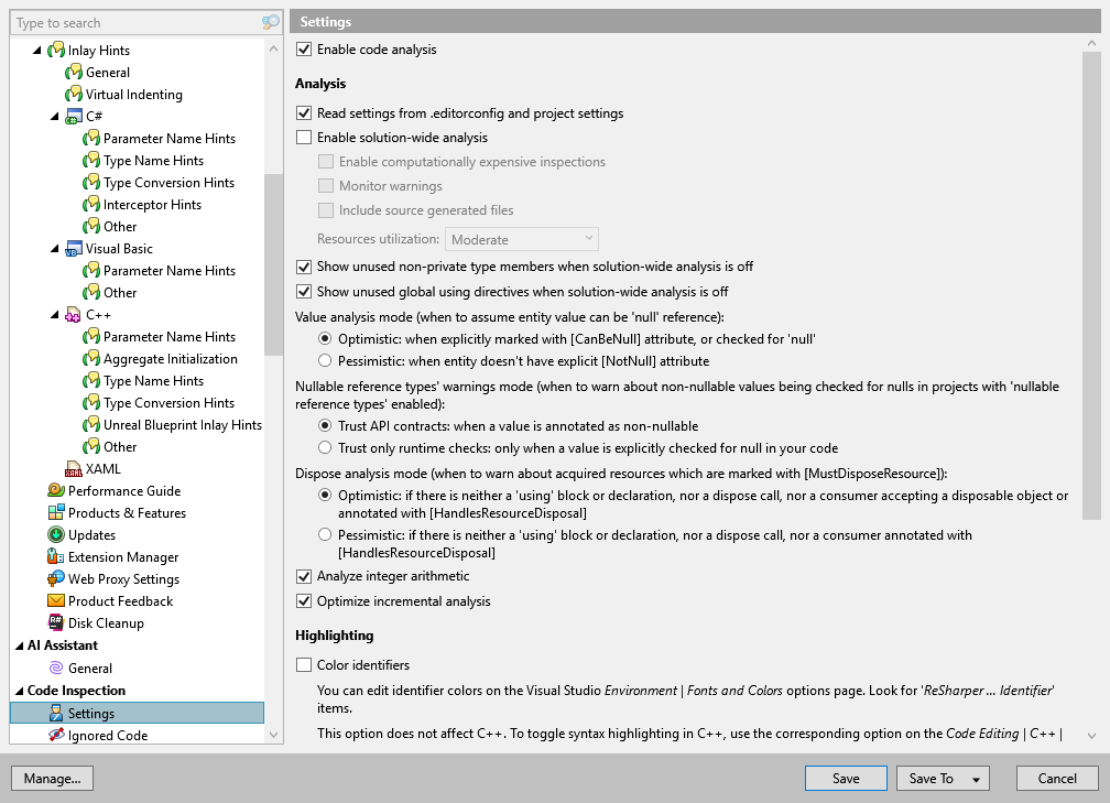 ReSharper options: Code Inspection | Settings