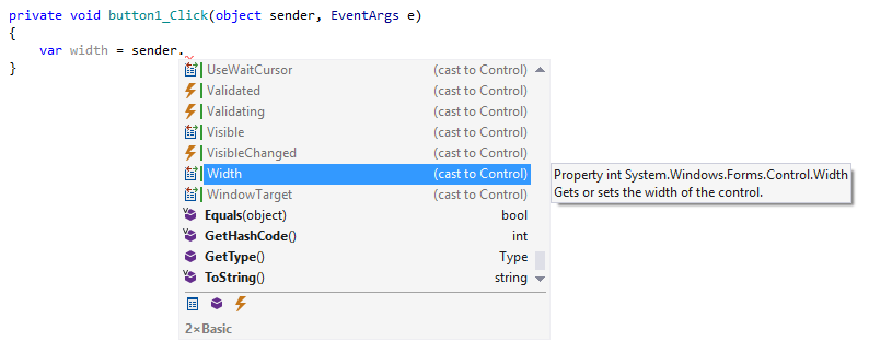 Casting the 'sender' argument to a desired type using ReSharper's code completion