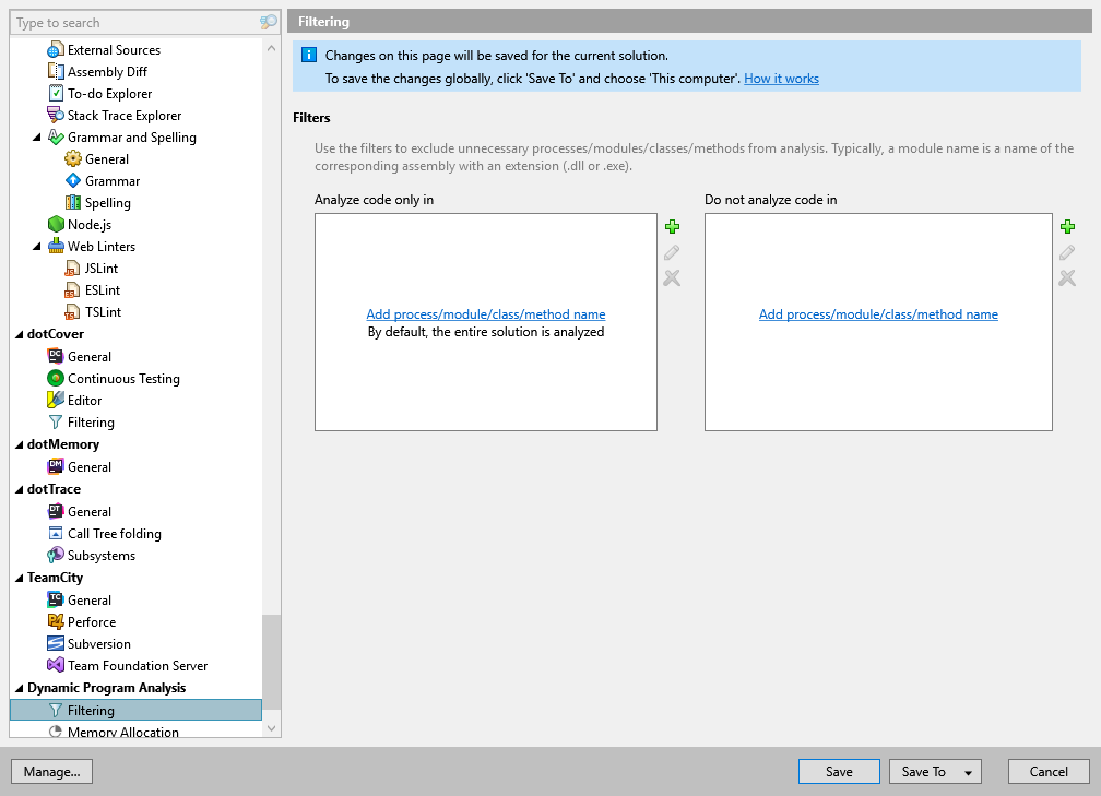 ReSharper options: Dynamic Program Analysis | Filtering