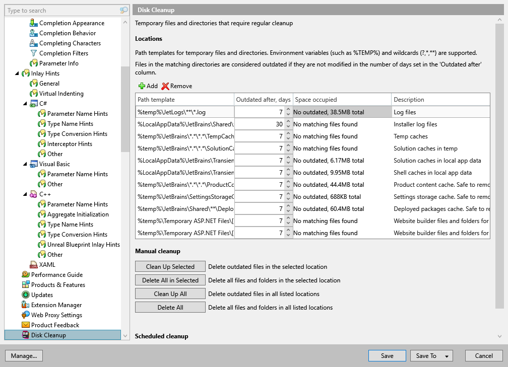 ReSharper options: Environment | Disk Cleanup