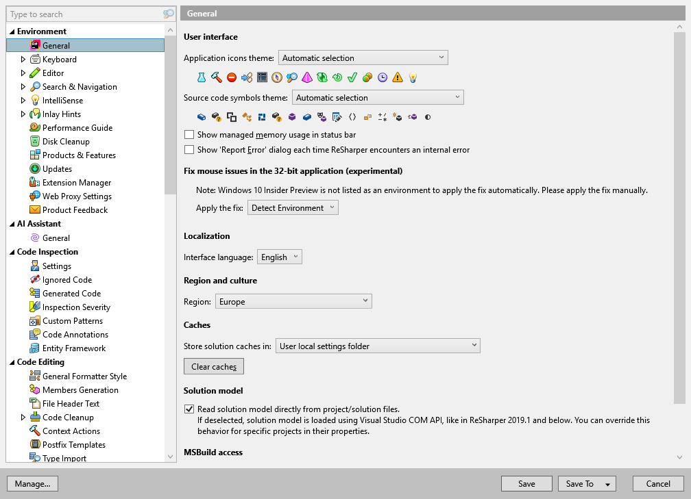 ReSharper options: Environment | General